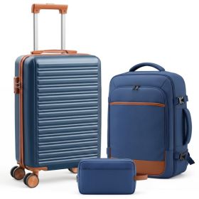 3-Piece Travel Luggage Set With Backpack, TSA Lock Hard Shell Carry On Suitcase And Travel Bag (Option: Blue)