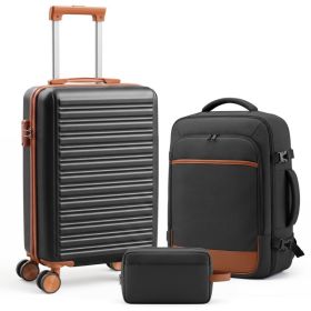 3-Piece Travel Luggage Set With Backpack, TSA Lock Hard Shell Carry On Suitcase And Travel Bag (Option: Black)